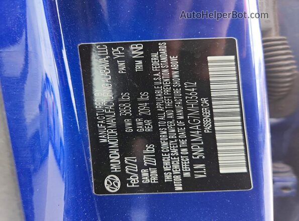 5NPLM4AG7MH036412 2021 HYUNDAI ELANTRA Blue Widok komory silnika