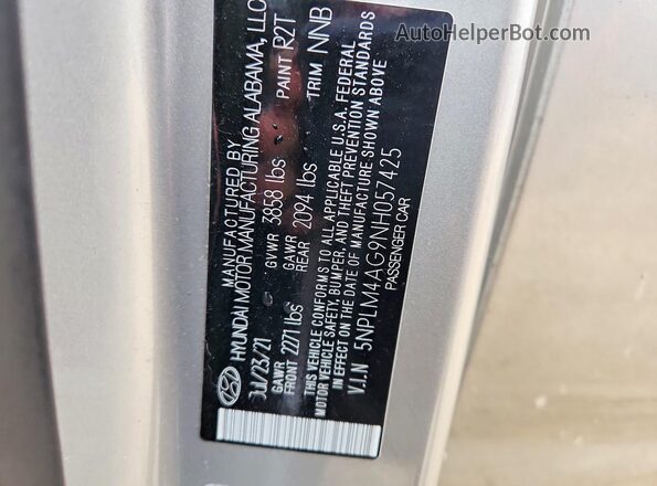 5NPLM4AG9NH057425 2022 HYUNDAI ELANTRA Silver VIN sticker view