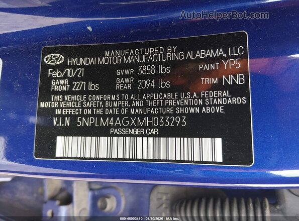 5NPLM4AGXMH033293 2021 HYUNDAI ELANTRA Синий Вид подкапотного пространства