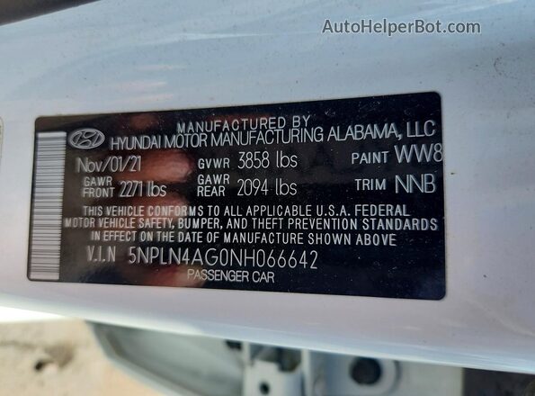 5NPLN4AG0NH066642 2022 HYUNDAI ELANTRA Белый Вид наклейки с VIN-кодом