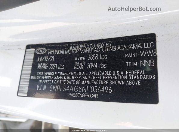 5NPLS4AG8NH056496 2022 HYUNDAI ELANTRA Белый Вид подкапотного пространства