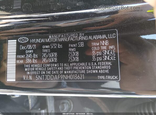 5NTJDDAF9NH013621 2022 HYUNDAI SANTA CRUZ Black ძრავის განყოფილების ხედი