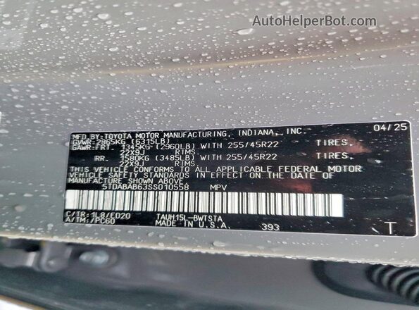 5TDABAB63SS010558 2025 LEXUS TX Gray Vista de la etiqueta del VIN