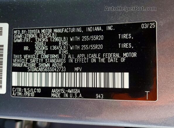 5TDACAB56SS042733 2025 TOYOTA GRAND Gray Вид наклейки з VIN-кодом