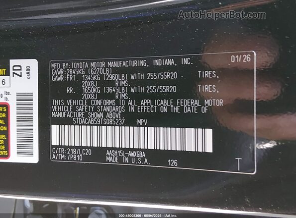 5TDACAB59TS085237 2026 TOYOTA LIMITED Black Engine compartment view