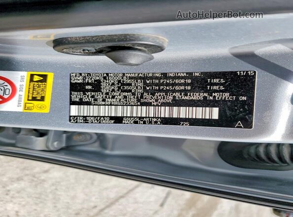 5TDBKRFHXGS233654 2016 TOYOTA HIGHLANDER Silver Widok naklejki z numerem VIN