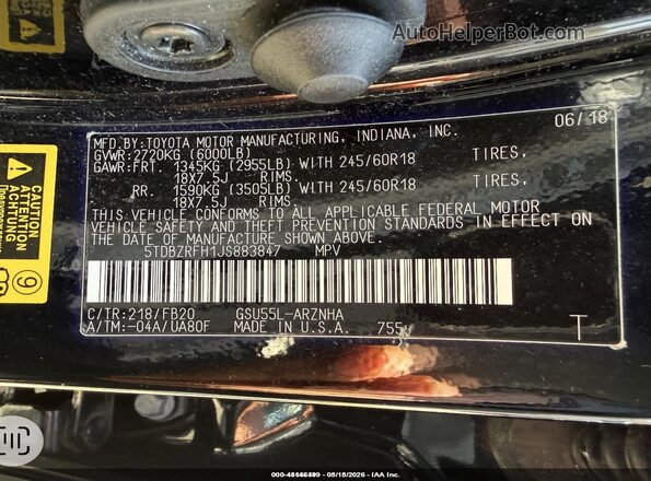 5TDBZRFH1JS883847 2018 TOYOTA HIGHLANDER Черный Вид подкапотного пространства