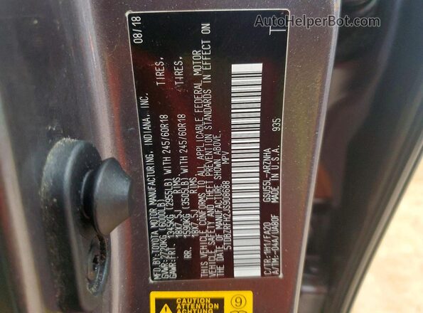 5TDBZRFH2JS908688 2018 TOYOTA HIGHLANDER Gray VIN sticker view