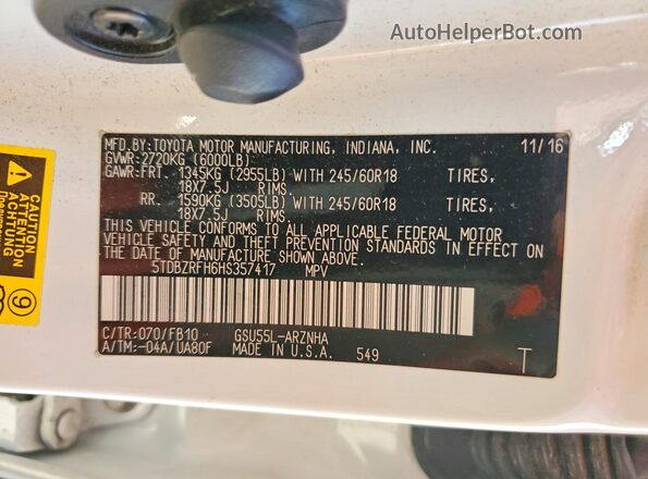 5TDBZRFH6HS357417 2017 TOYOTA LE Белый Вид наклейки с VIN-кодом
