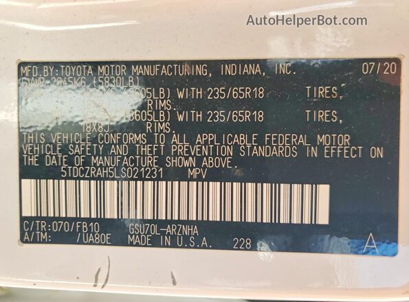 5TDCZRAH5LS021231 2020 TOYOTA HIGHLANDER White VIN sticker view