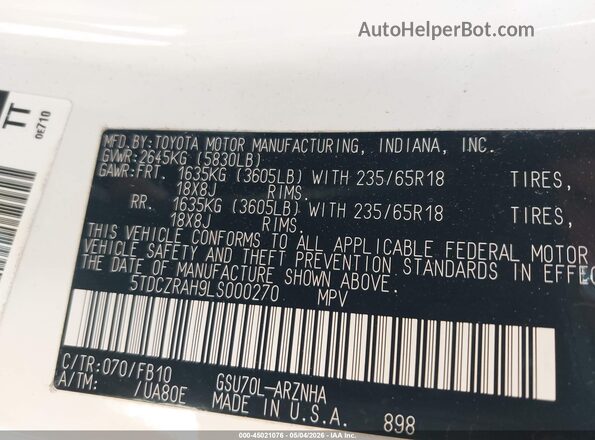 5TDCZRAH9LS000270 2020 TOYOTA HIGHLANDER Белый Вид подкапотного пространства