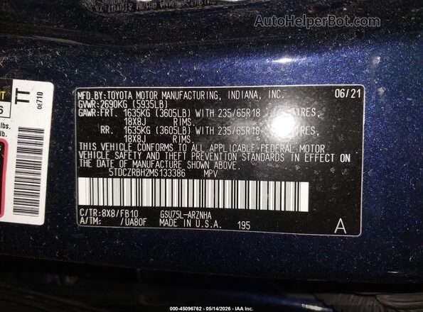 5TDCZRBH2MS133386 2021 TOYOTA HIGHLANDER Синий Вид подкапотного пространства