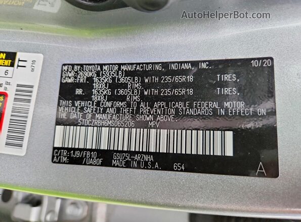 5TDCZRBH6MS065206 2021 TOYOTA HIGHLANDER Серебряный Вид наклейки с VIN-кодом