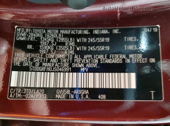 5TDDGRFH0JS046991 2018 TOYOTA HIGHLANDER Бордовый Панорамный вид салона 360°