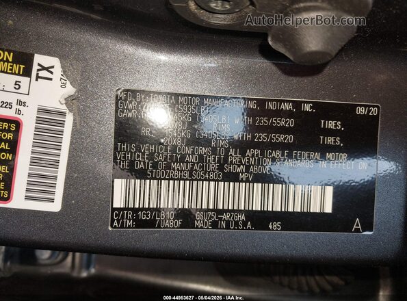 5TDDZRBH9LS054803 2020 TOYOTA LIMITED Серый Вид подкапотного пространства