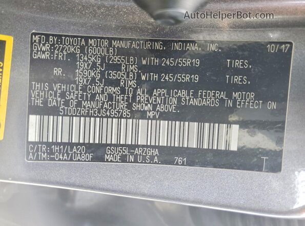 5TDDZRFH3JS495785 2018 TOYOTA HIGHLANDER Gray VIN կոդի պիտակի տեսք