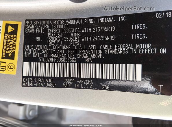 5TDDZRFH3JS835663 2018 TOYOTA LIMITED Серебряный Вид подкапотного пространства