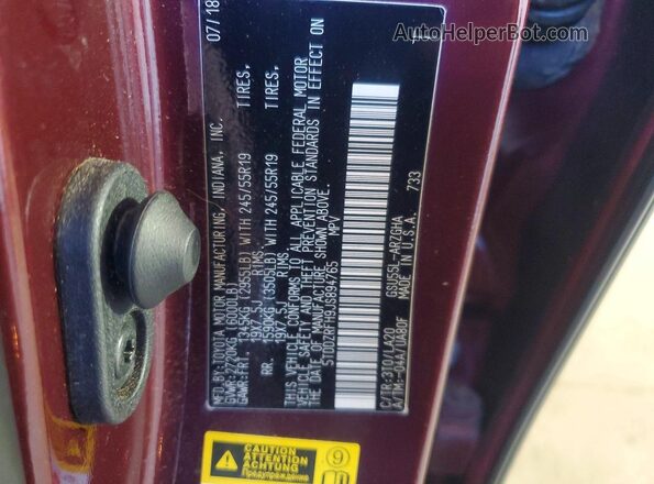 5TDDZRFH9JS894765 2018 TOYOTA HIGHLANDER Бордовый Вид наклейки с VIN-кодом