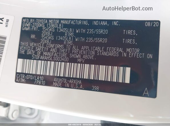 5TDFARAH5LS003400 2020 TOYOTA HIGHLANDER HYBRID White Вид підкапотного простору