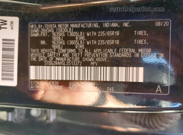 5TDGZRAH5LS513372 2020 TOYOTA HIGHLANDER Черный Вид наклейки с VIN-кодом