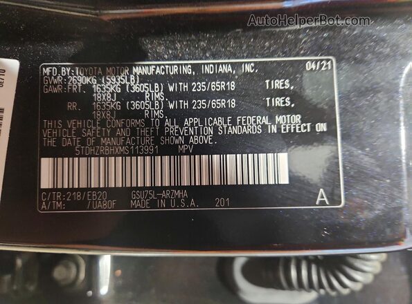 5TDHZRBHXMS113991 2021 TOYOTA HIGHLANDER Black VIN კოდის სტიკერის ხედი
