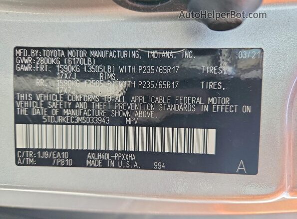 5TDJRKEC3MS033943 2021 TOYOTA SIENNA Silver Вид наклейки з VIN-кодом