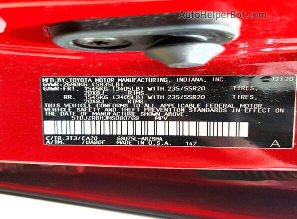 5TDJZRBH3MS080768 2021 TOYOTA HIGHLANDER Красный Вид наклейки с VIN-кодом