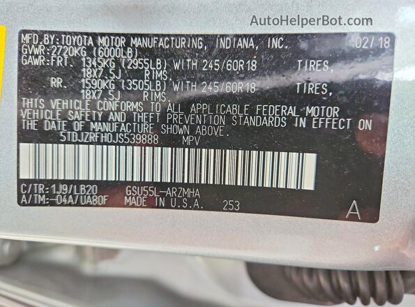 5TDJZRFH0JS539888 2018 TOYOTA HIGHLANDER Silver 360 interior view