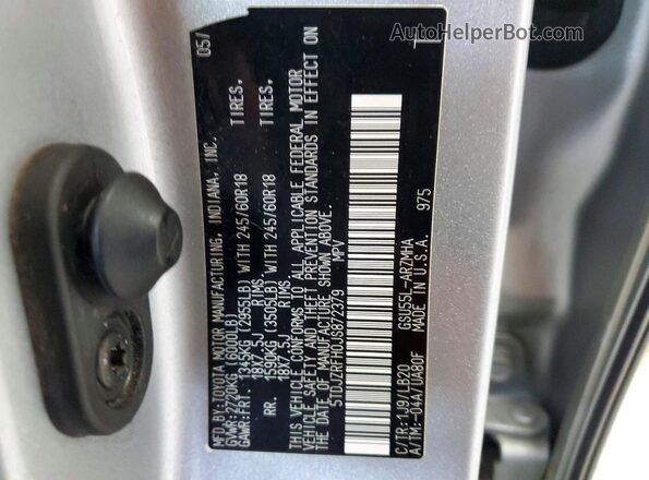 5TDJZRFH0JS872379 2018 TOYOTA HIGHLANDER Серебряный Вид наклейки с VIN-кодом