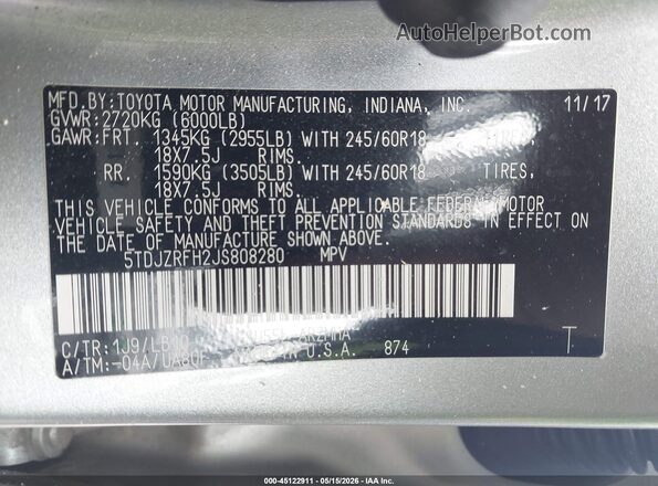 5TDJZRFH2JS808280 2018 TOYOTA HIGHLANDER Silver Vista del compartimento del motor