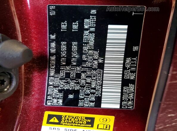 5TDJZRFH2KS935337 2019 TOYOTA HIGHLANDER Burgundy Widok komory silnika