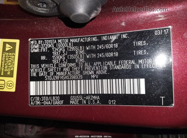 5TDJZRFH5HS398939 2017 TOYOTA HIGHLANDER Красный Вид подкапотного пространства