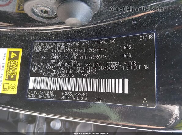 5TDJZRFH5JS546609 2018 TOYOTA HIGHLANDER Black Engine compartment view