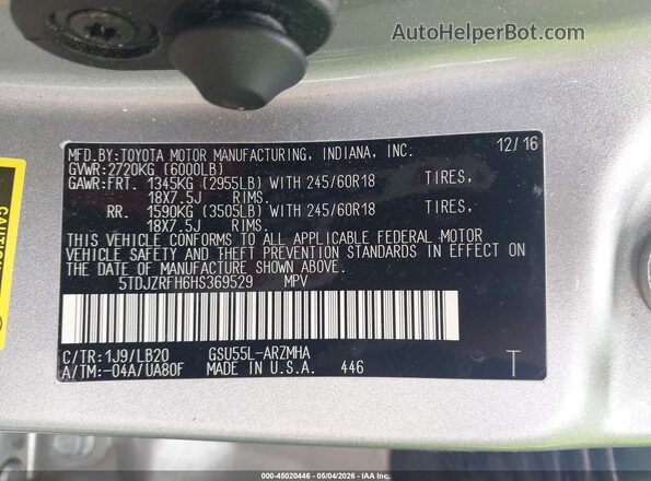 5TDJZRFH6HS369529 2017 TOYOTA LE Серебряный Вид подкапотного пространства