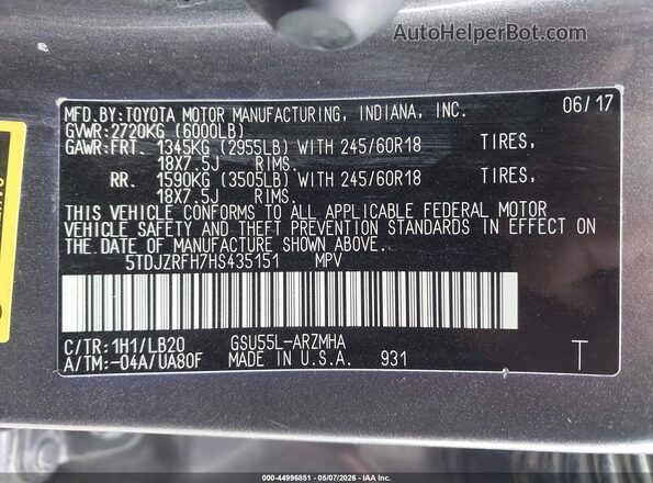 5TDJZRFH7HS435151 2017 TOYOTA LE Серый Вид подкапотного пространства