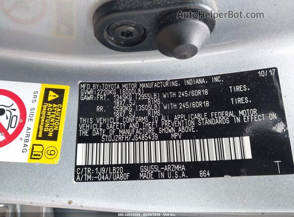 5TDJZRFH7JS485439 2018 TOYOTA LE Серый Вид подкапотного пространства