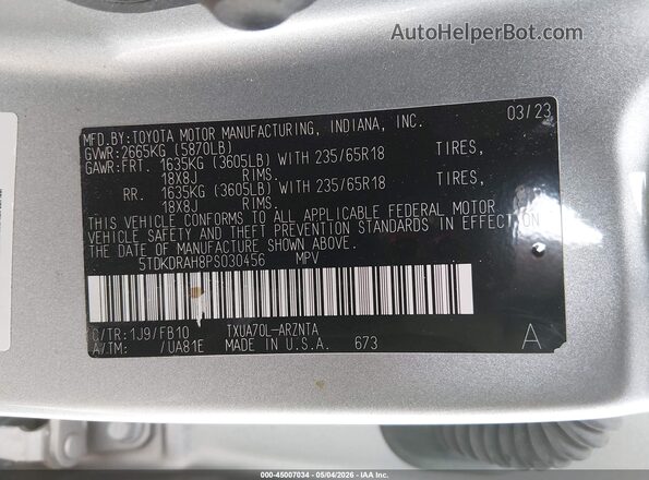 5TDKDRAH8PS030456 2023 TOYOTA HIGHLANDER Серебряный Вид подкапотного пространства