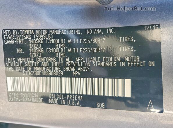5TDKZ3DC1HS808029 2017 TOYOTA SIENNA Gray VIN կոդի պիտակի տեսք