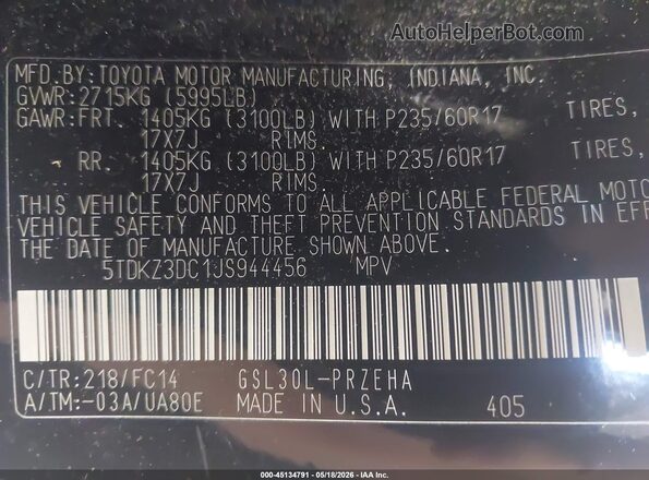 5TDKZ3DC1JS944456 2018 TOYOTA SIENNA Black Widok komory silnika
