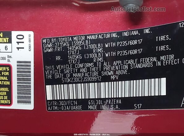 5TDKZ3DC2JS909912 2018 TOYOTA LE Red Շարժիչի բաժամունքի տեսք