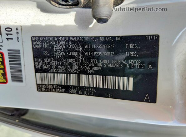5TDKZ3DC7JS905421 2018 TOYOTA SIENNA White VIN კოდის სტიკერის ხედი
