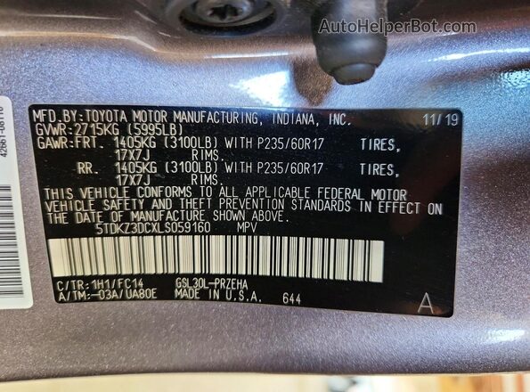 5TDKZ3DCXLS059160 2020 TOYOTA SIENNA Gray VIN კოდის სტიკერის ხედი