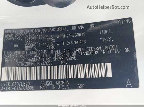 5TDKZRFH0JS537059 2018 TOYOTA LE White Vista del compartimento del motor