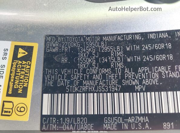 5TDKZRFHXJS531947 2018 TOYOTA HIGHLANDER Silver Vista del compartimento del motor