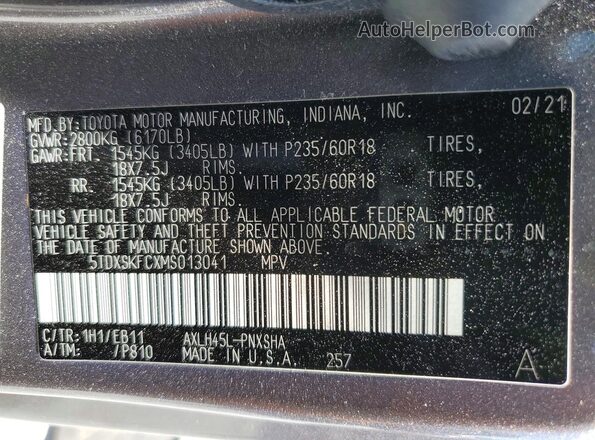 5TDXSKFCXMS013041 2021 TOYOTA SIENNA Серый Вид наклейки с VIN-кодом