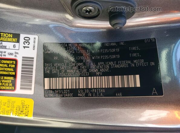 5TDXZ3DC5JS913233 2018 TOYOTA SIENNA Серый Вид наклейки с VIN-кодом