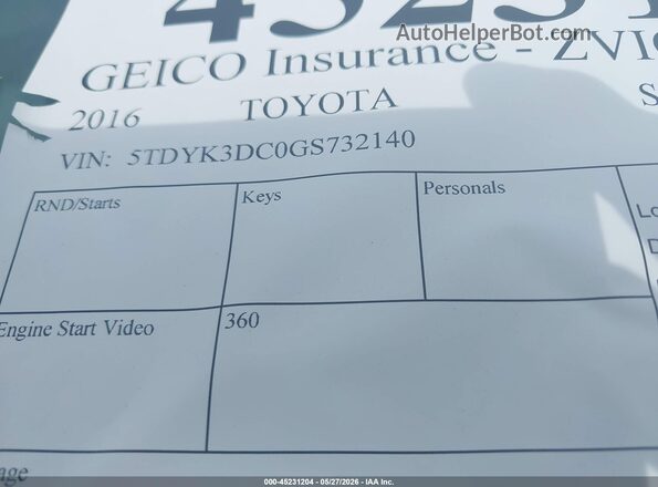 5TDYK3DC0GS732140 2016 TOYOTA SIENNA Gray Widok komory silnika