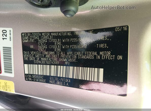 5TDYK3DC1GS742689 2016 TOYOTA SIENNA Золотой Вид подкапотного пространства
