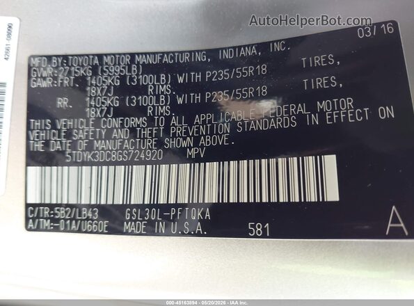 5TDYK3DC8GS724920 2016 TOYOTA SIENNA Золотой Вид подкапотного пространства