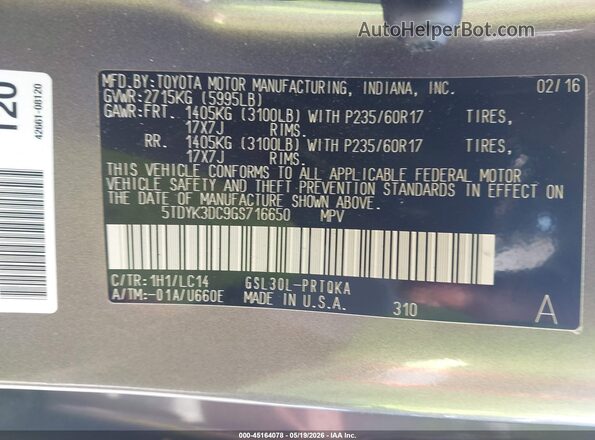 5TDYK3DC9GS716650 2016 TOYOTA SIENNA Gray Widok komory silnika